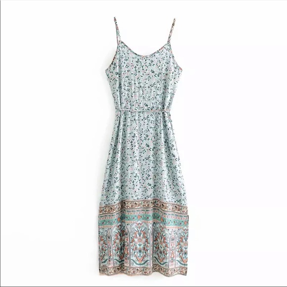 Boho Floral Gypsy Print Cami Midi Dress Blue - Picture 5 of 10
